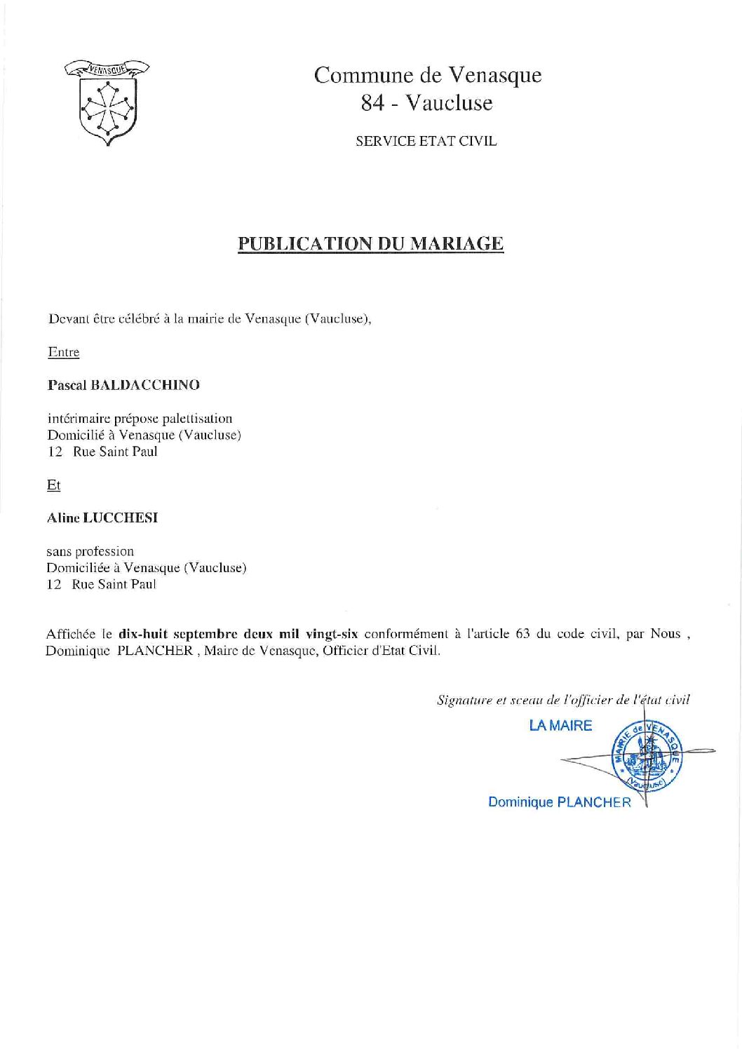 Publication du mariage BALDACCHINO/ LUCCHESI