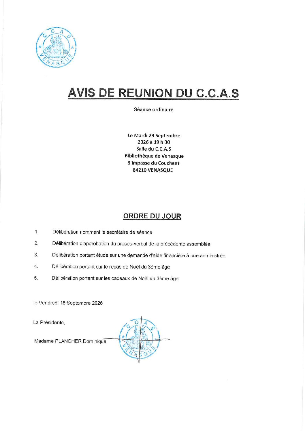AVIS DE RÉUNION DU C.C.A.S
