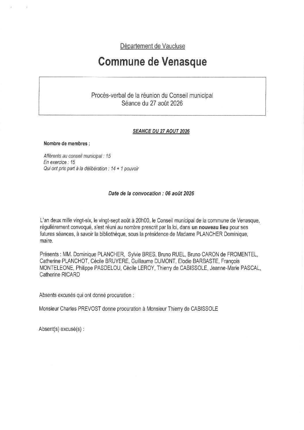 PV de la réunion du Conseil municipal- séance du 27 août 2026