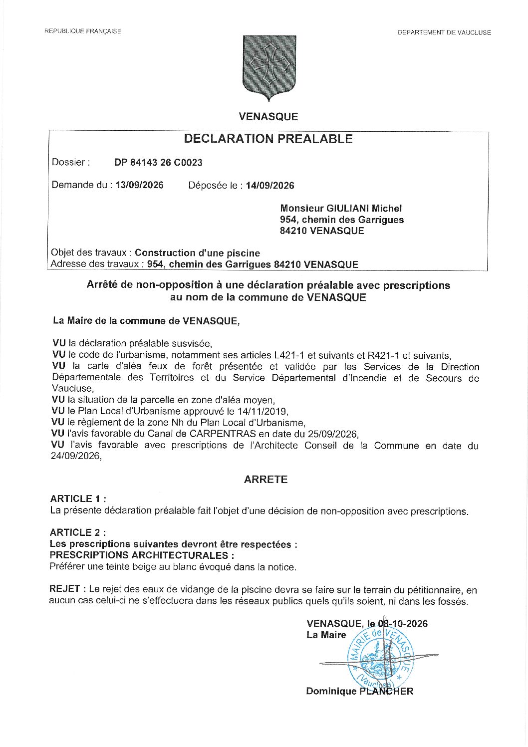 Arrêté de décision de la demande d’urbanisme n° DP 084 143 26 C0023