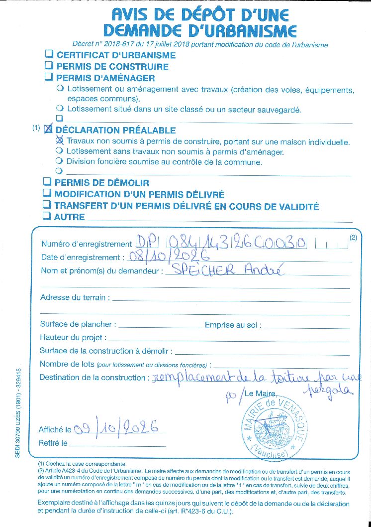 Avis de dépôt d’une demande de Déclaration Préalable n° 084 143 26 C0030