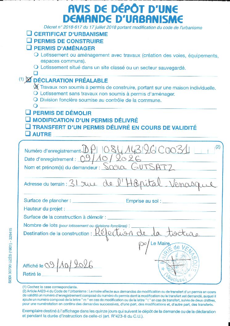 Avis de dépôt d’une demande de Déclaration Préalable n° 084 143 26 C0031