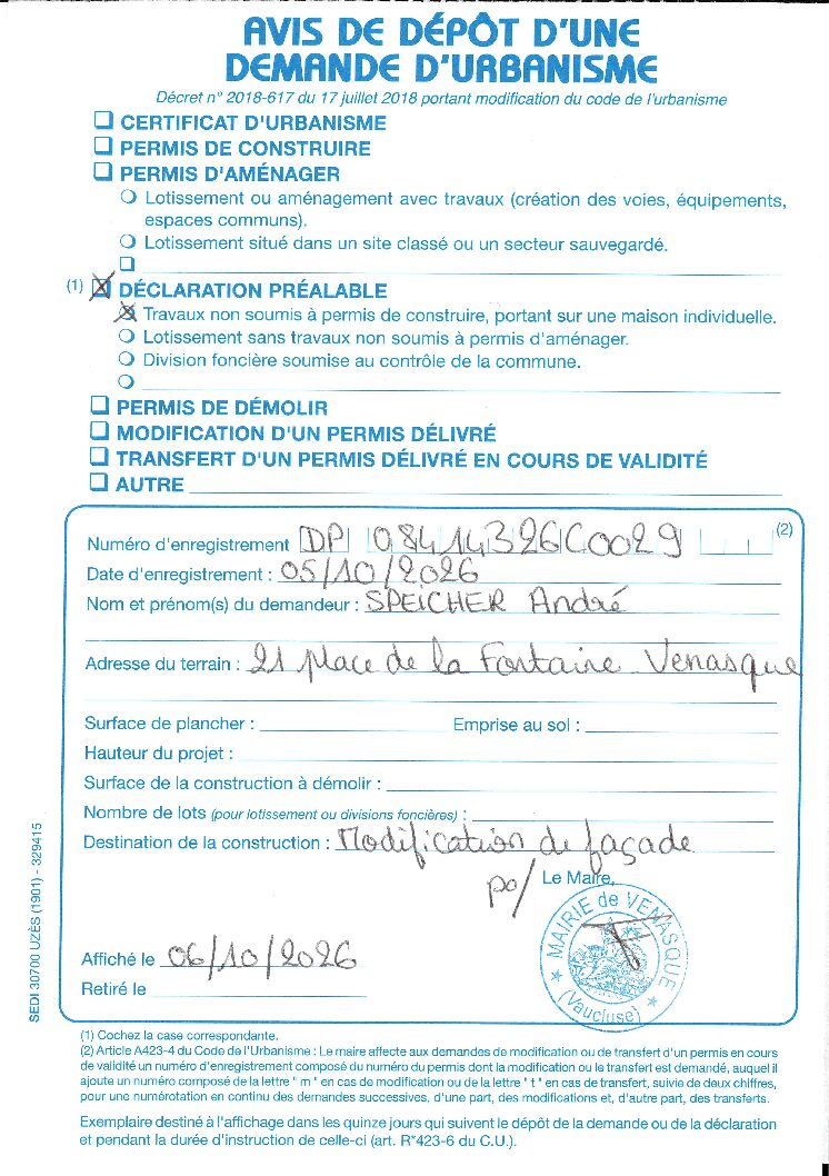 Avis de dépôt d’une demande de déclaration préalable n° 084 143 26 C0029