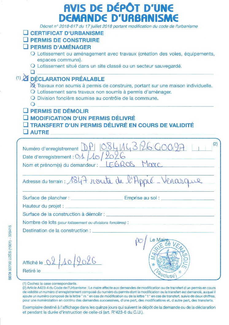 Avis de dépôt d’une demande de déclaration préalable n°084 143 26 C0027