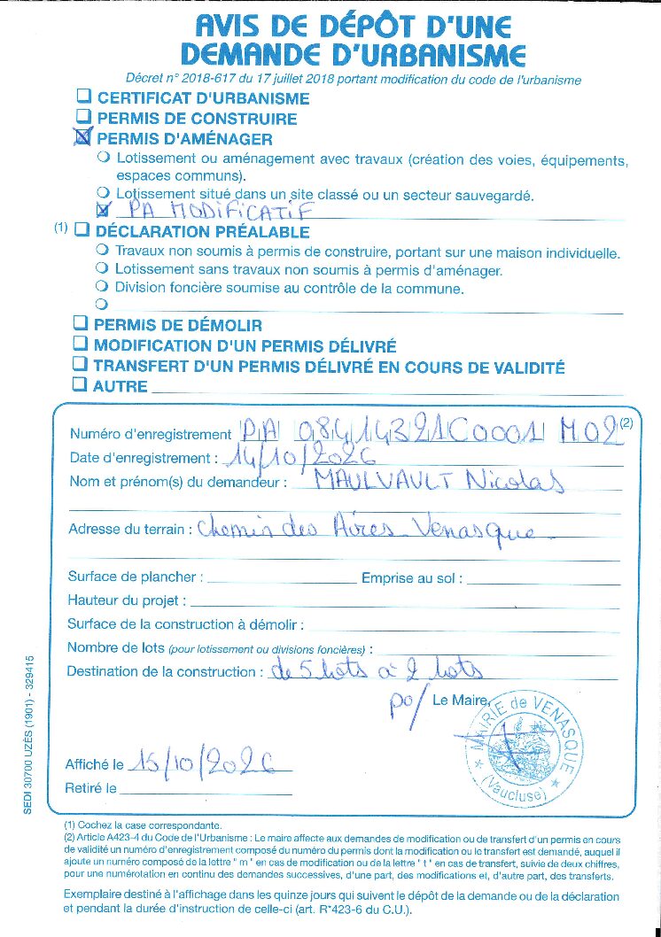 Avis de dépôt d’une demande de permis d’aménager modificatif n° 084 143 21 C0001 M02
