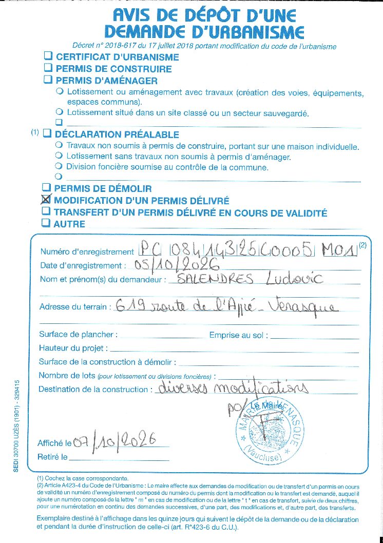 Avis de dépôt d’une demande de permis de construire modificatif n° 084 143 25 C0005 M01
