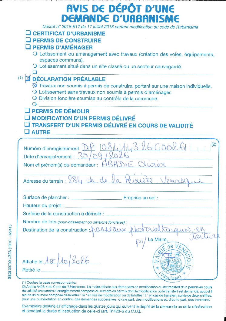 avis de dépôt d’une demande de déclaration préable DP 084 143 26 C0026
